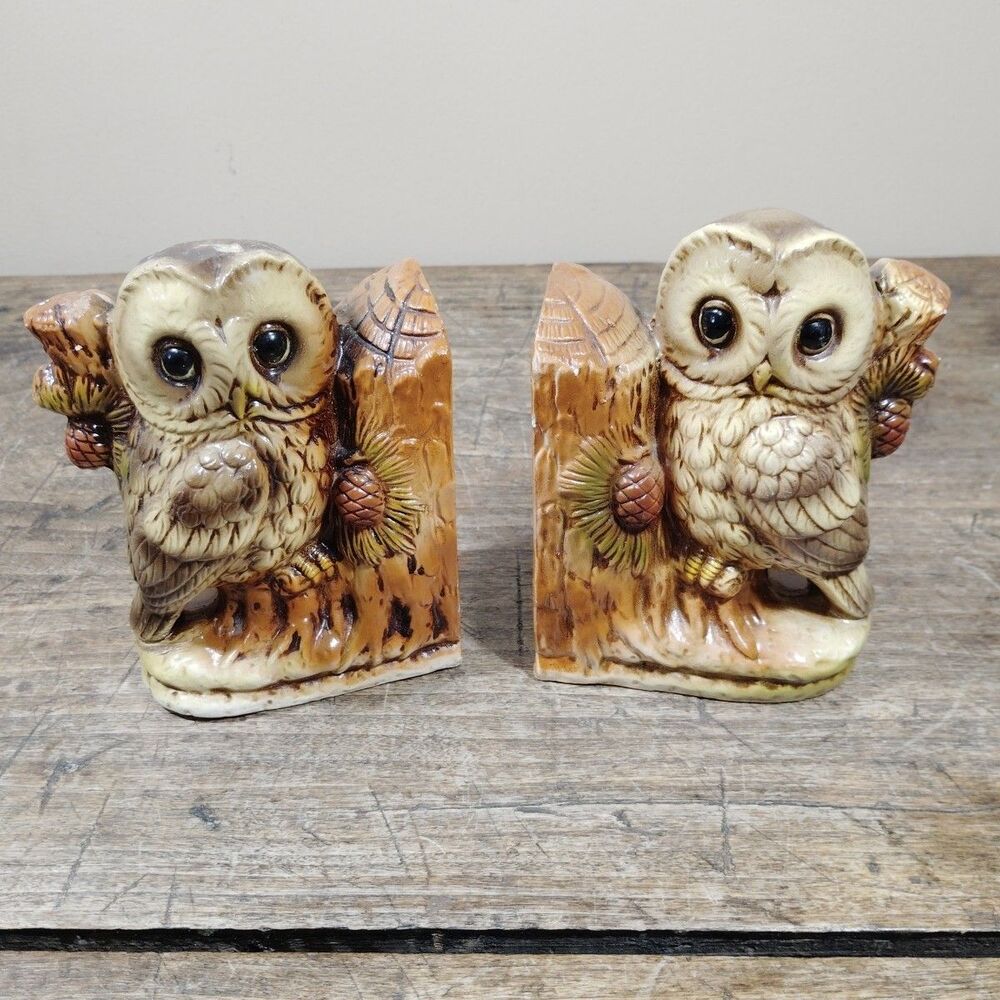 Vintage Norleans Japan Weighted Ceramic Owl Tree Bookends Original Stamp
